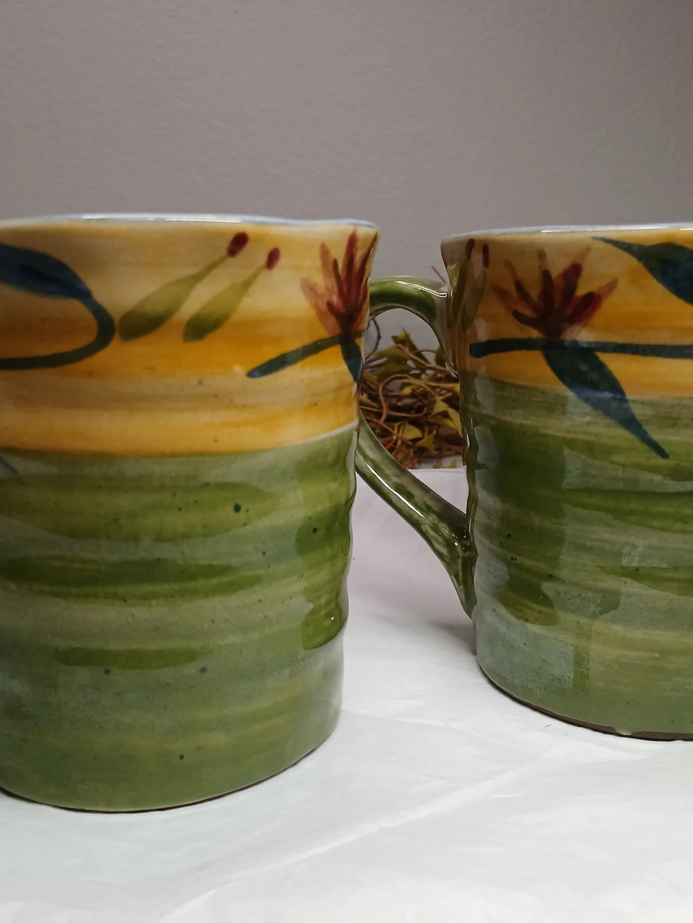 2 Pier 1 Hand-Painted Ceramic Mugs in Yellow, Green and Blue Elizabeth Style